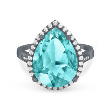 Teardrop Cocktail Engagement Ring Black Tone, Simulated Paraiba Tourmaline CZ 925 Sterling Silver